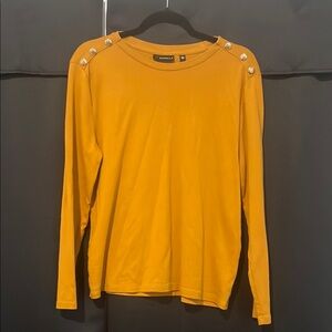 Rafaella Mustard Yellow Long Sleeve Top Gold Button Shoulder Detail Size XL